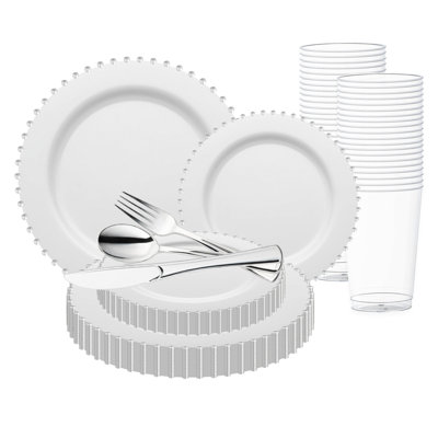 Ensemble de 120 assiettes rondes jetables en plastique blanc avec cordon de perles argentées, idéales pour les mariages.