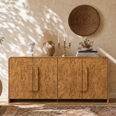 Mid-Century 64'' Modern Burl Wood Curved 4-Door Sideboard Buffet with Rounded Edges and Adjustable Shelves