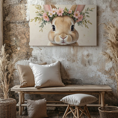 Baby Bunny With Floral Crown Cute Whimsical Nature Art Where Innocence Canvas Wall Art Ready To Hang Gallery Wrapped Home Decor Decor