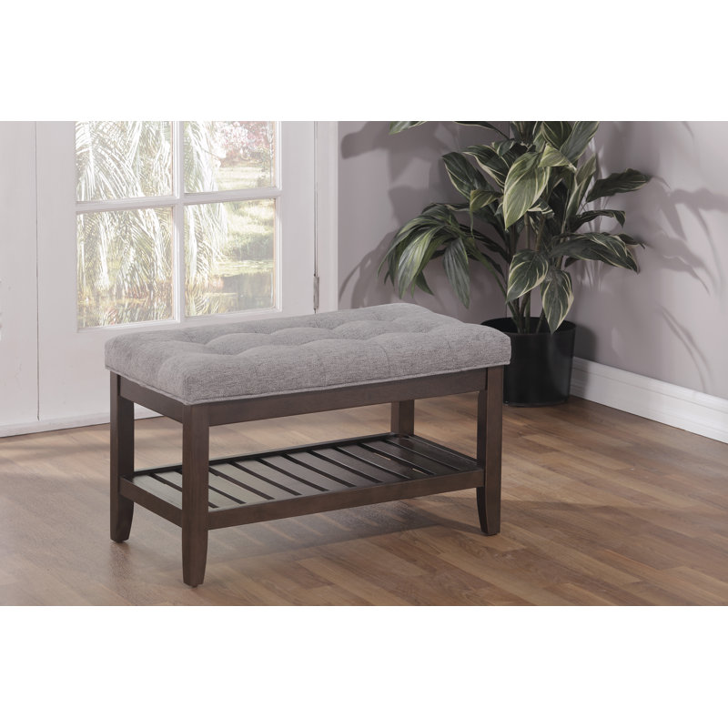 Liezel Polyester Upholstered Bench with Shelves, Light Brown