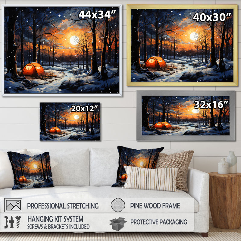 Winters Camping Glow I - paysages, reproduction sur toile, H 30 po x l 40 po x P 1,5 po, Cadre flottant blanc
