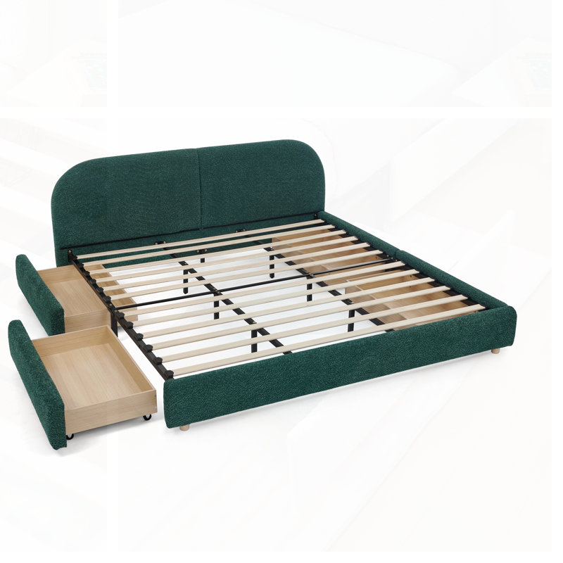 Structure de lit tapissier très grand avec tête de lit haute incurvée, support de pieds robuste et rangement à tiroir sur roulettes - style minimaliste moderne
