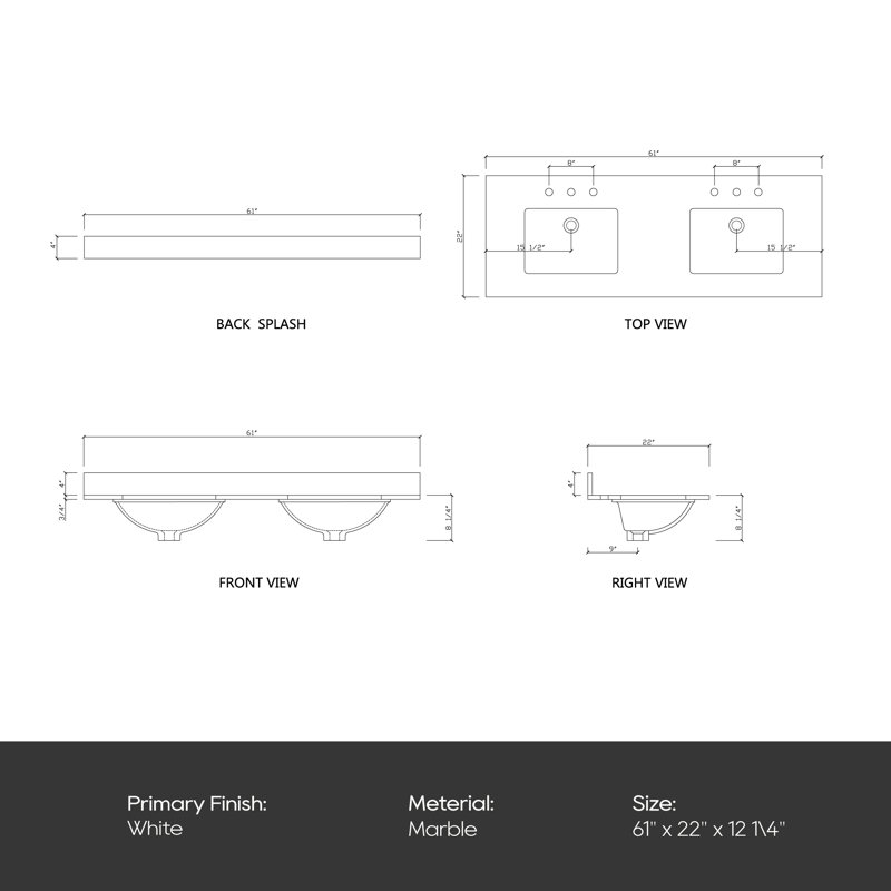 61" White Marble Double Sink Undermount Vanity Top