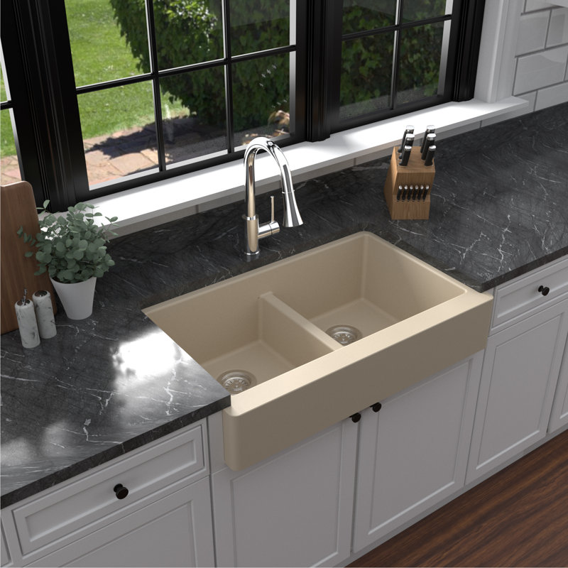 Karran Retrofit Farmhouse Apron Front Quartz Composite 34'' X 21-1/4'' 50/50 Double Bowl Kitchen Sink, Bisque