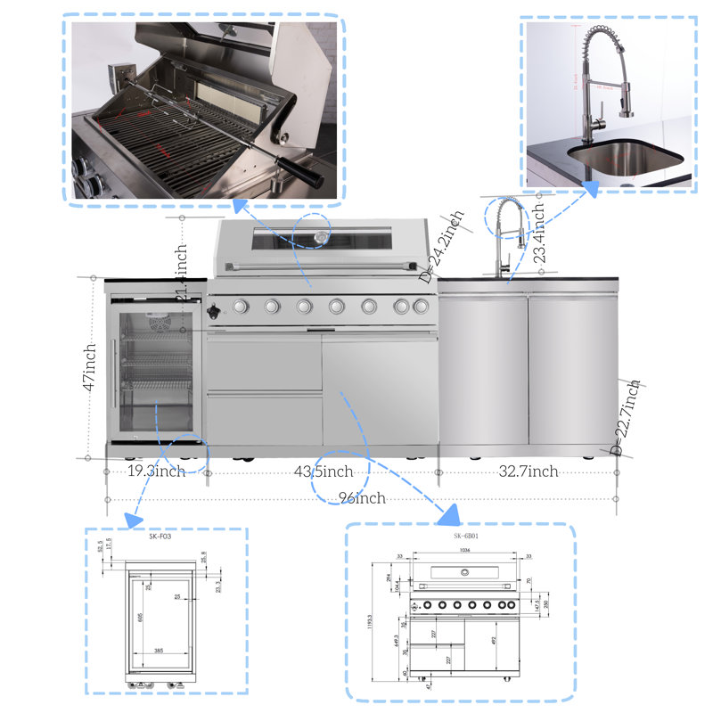 Barbecue de cuisine extérieur à 6 brûleurs avec refroidisseur à vin 72000 BTU Alvaro