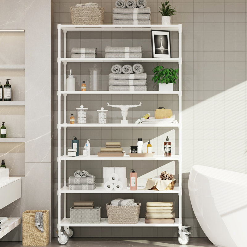 Nergiz 84.25" H x 47.25" W x 17.72" D Height - Adjustable 7-Tier Steel Shelving Unit with Wheels, White