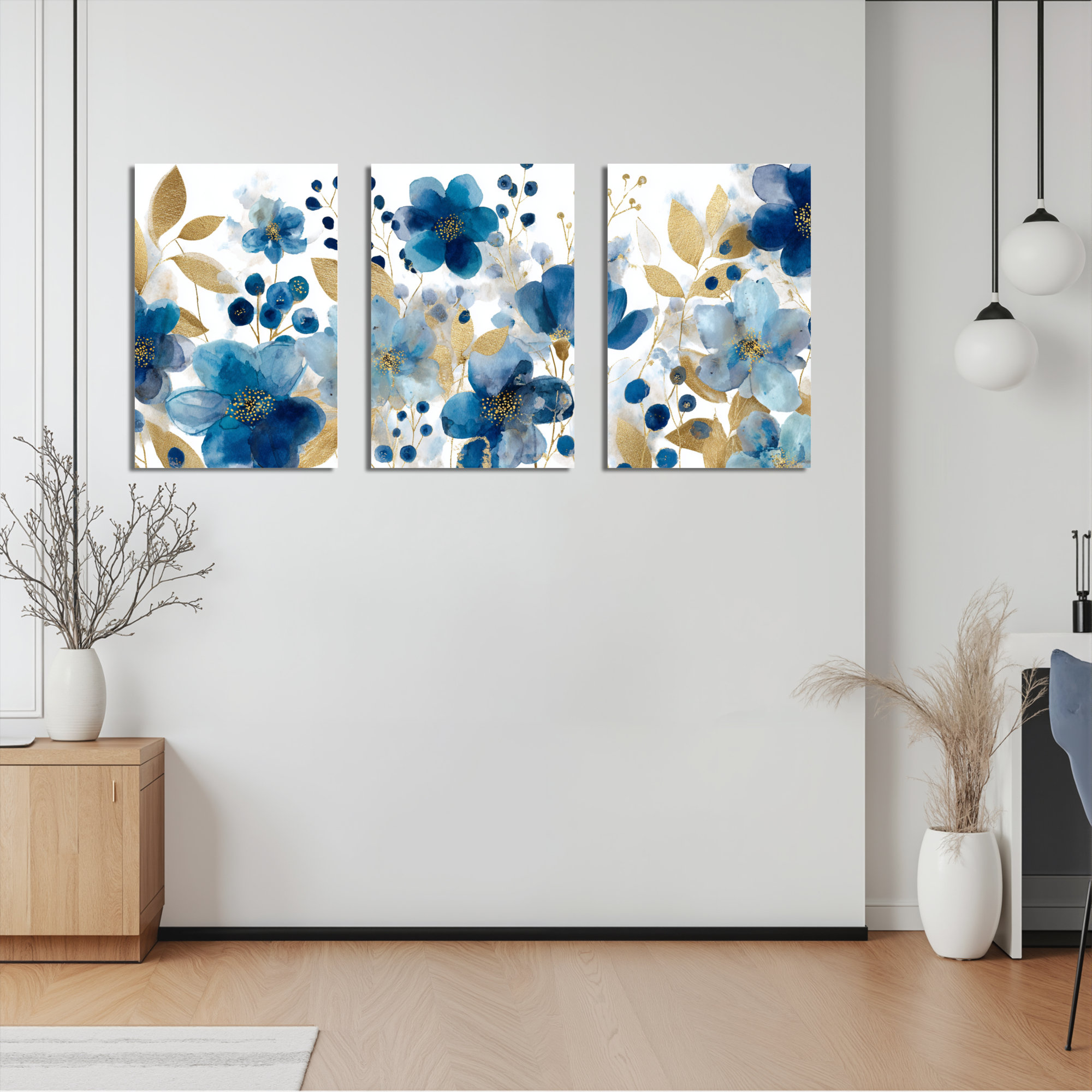 Latitude Run® Blue Floral and Gold Leaf Watercolor Canvas Wrapped Wall ...