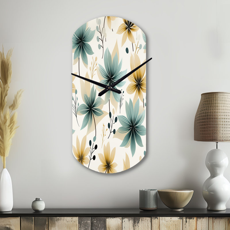 Motif floral élégant bleu sarcelle et beige - horloge murale cylindrique en métal, horloge murale asymétrique Cottage, Petit