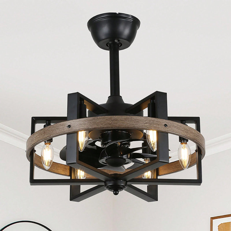 Ventilateur de plafond en cage noir de 18 pouces avec lumière et télécommande, Fandelier industriel réversible à moteur à courant continu pour chambre à coucher