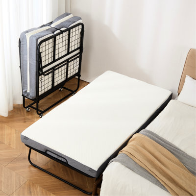Lit pliant 38 po x 75 po avec 5 matelas, lit simple pour les invités, structure en métal solide, confort à long terme, housse amovible en mousse à mémoire de forme, repose-pieds confortable, roues verrouillables