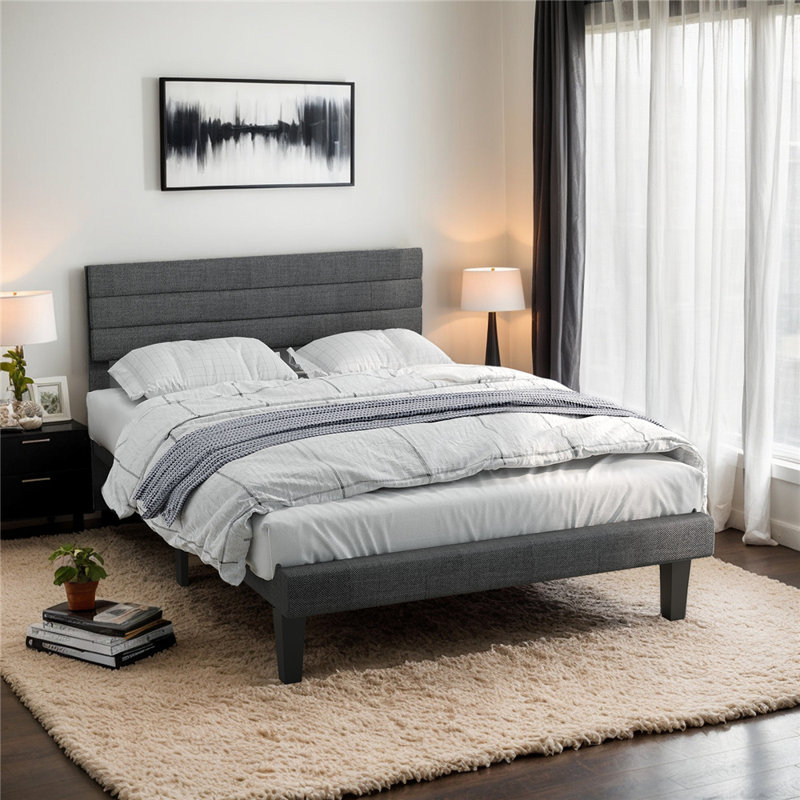 Bed Frame With Boucle Upholstered Headboard, Platform Bed, Twin