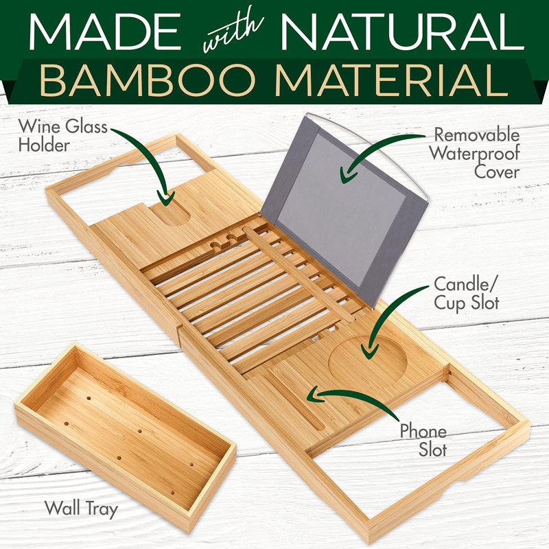 Plateau de rangement pour baignoire de luxe en bambou - Organisateur de baignoire réglable en bois naturel avec support à vin, placement de tasses, porte-savon, espace pour livres et emplacement pour téléphone
