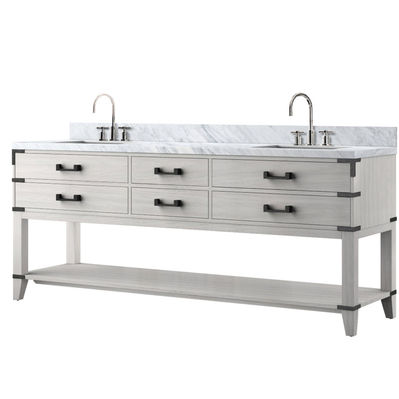 Meuble-lavabo double en marbre blanc avec tiroirs et robinet en marbre blanc poli à la main