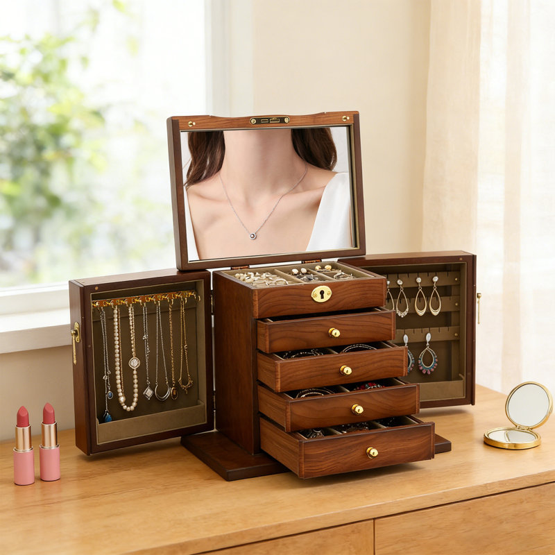 5 Layer Wooden Jewellery Box with Mirror and Combo Lock Vintage Style
