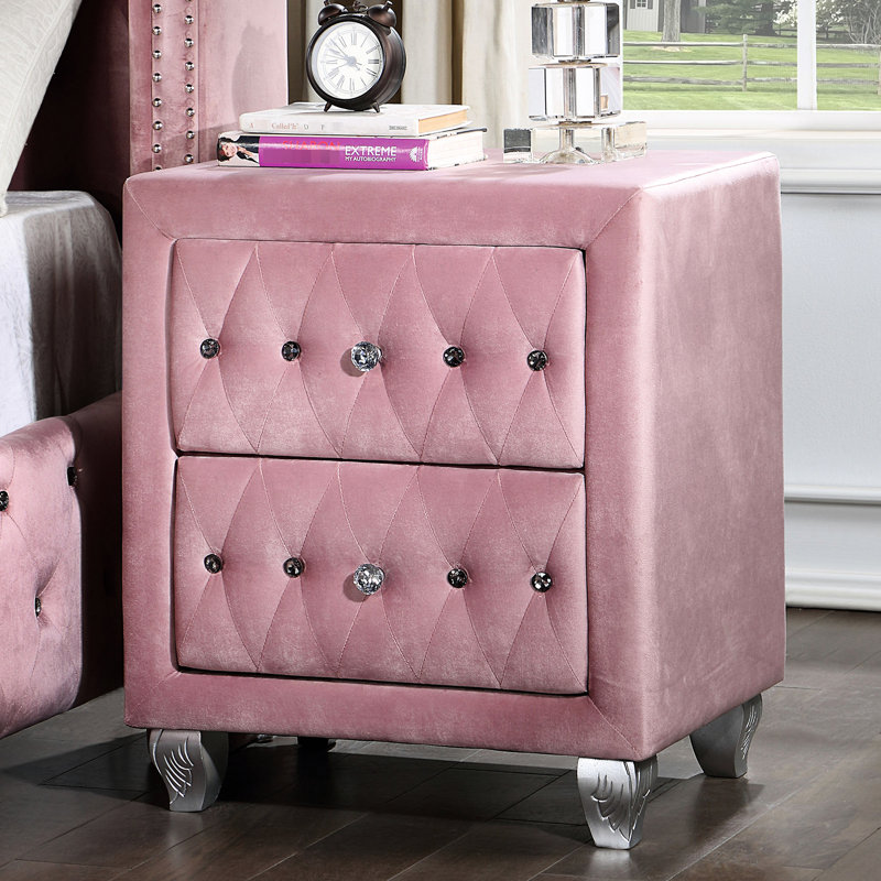 Mobilier de chambre à coucher rose: table de chevet 2 avec texture veloutée et boutons en cristal