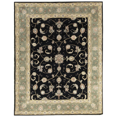 Hand-Knotted High-Quality Black and Green Area Rug