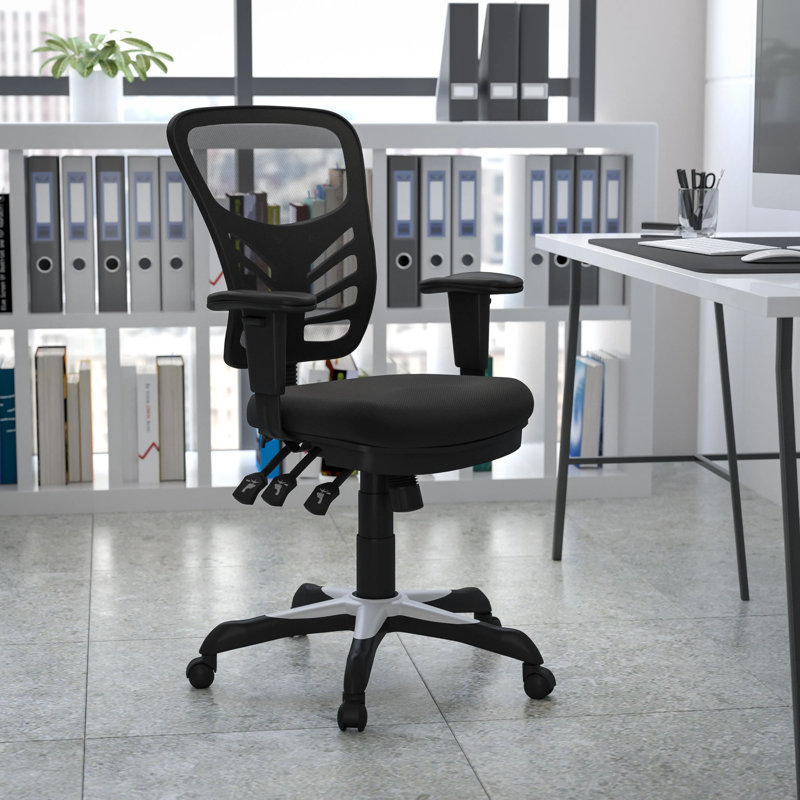 Chaise de bureau ergonomique en filet à dossier moyen avec accoudoirs réglables Siyer, Noir, Noir
