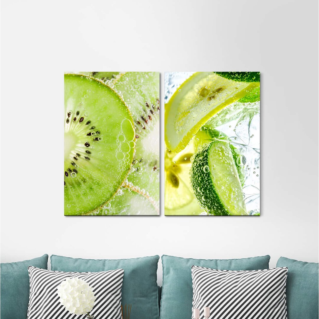 2-tlg. Leinwandbilder-Set - Grafikdruck „Kiwi Lime Water Refreshing Vegan Fruit Kitchen”