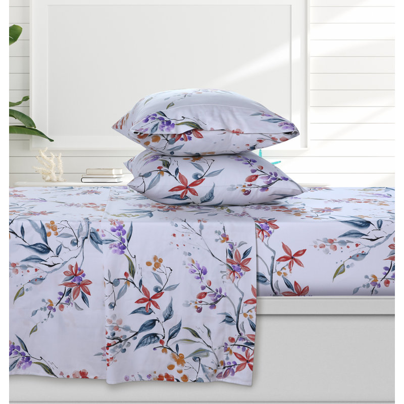Sateen Floral Sheet Set, Queen Sheet Set + Fitted Sheet + 2 Pillowcases