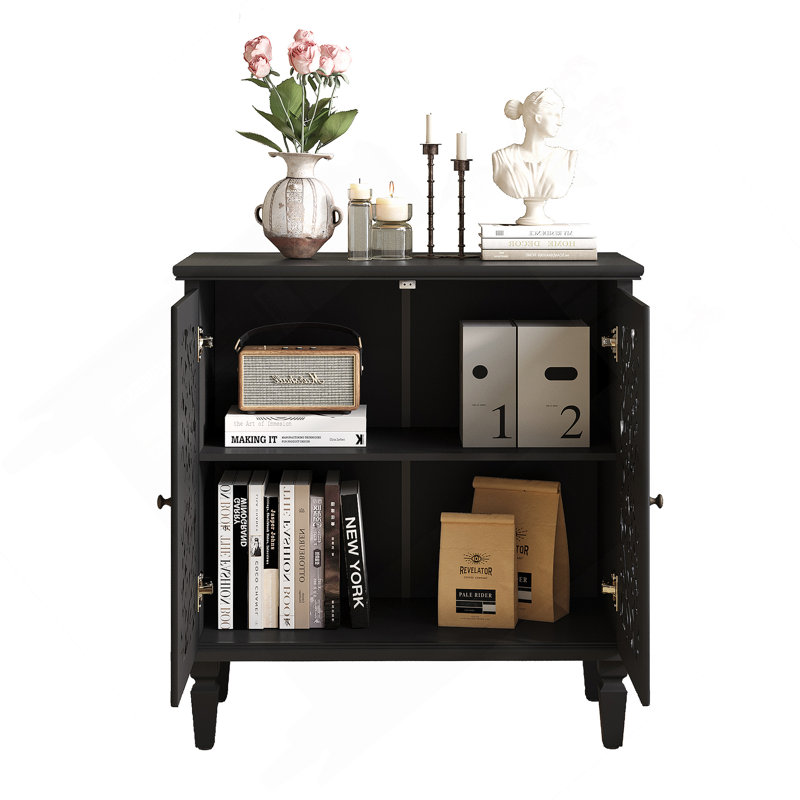 Armoire décorative, armoire de rangement à 2 portes, buffet avec tablette réglable et pieds en bois massif, Noir