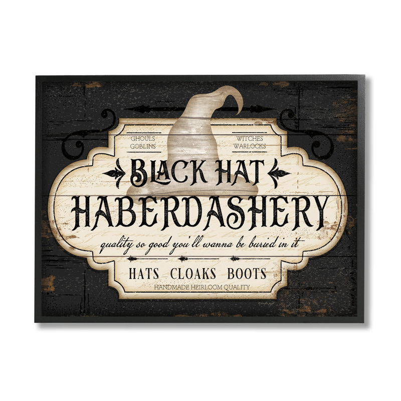 «Black Hat Mercerie», signe d'Halloween «Spooky Heirloom Quality» par Jennifer Pugh - impression, Giclée encadrée noir minuit