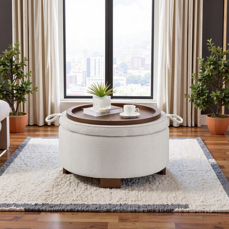 Table basse avec rangement caché, pieds en bois, repose-pieds rond avec couvercle réversible, Beige