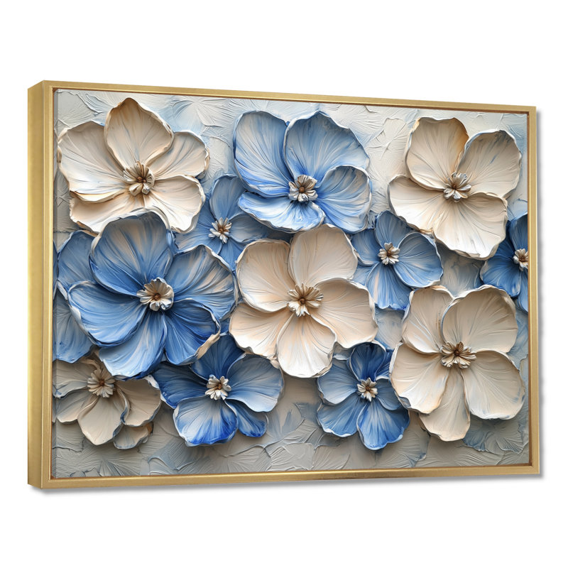 Jacarra velours crème bleu Rhododendron I - art mural rhododendron, H 30 po x l 40 po, Cadre flottant, Doré