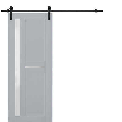 Porte de grange robuste en verre dépoli Veregio 7288 Gris mat, rail de 2 m (6,6 pi), quincaillerie robuste, porte intérieure à panneau plein - 107 cm x 244 cm (42 po x 96 po) - Rail noir