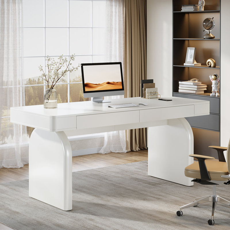 63" White Desk with Drawers, Modern Glossy Executive Office Desk, White