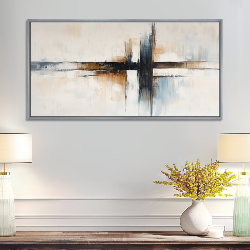 Gris, noir, spirituel, croix géométrique, flux II - impressions sur toile modernes, art abstrait encadré, H 12 po x l 20 po