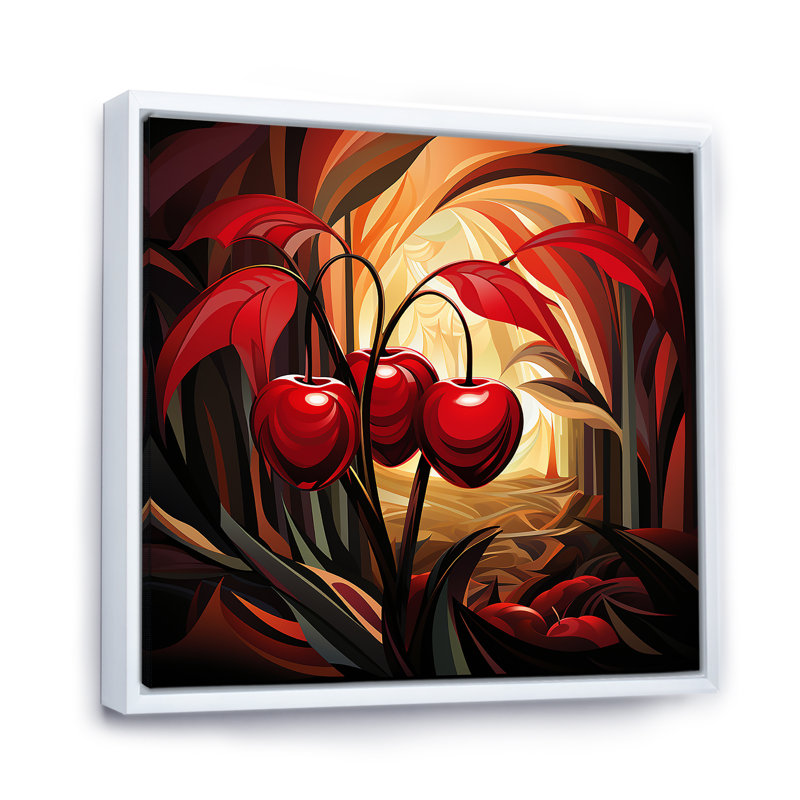 Summer Cherries Cubic Design II - Art mural cerise, Cadre flottant blanc, H 30 po x l 30 po x P 1,5 po
