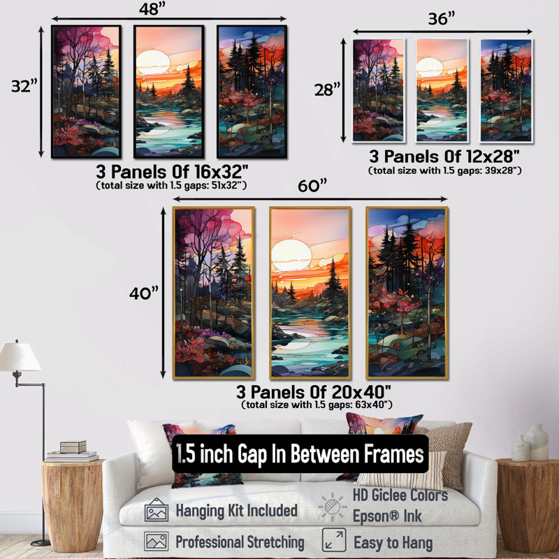 Rivière, rivière, forêt, lever de soleil - ensemble d'art mural forêt, Cadre flottant blanc, H 40 po x l 60 po x P 1 po