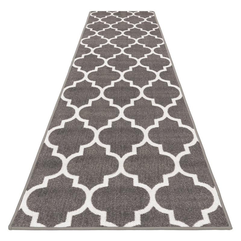 House, Home and More Skid-Resistant Carpet Runner – Moroccan Trellis Lattice – Misty Gray & Linen White, Runner 12' x 26'