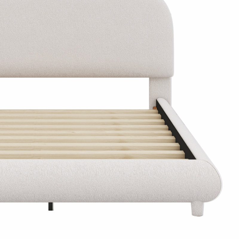 Lit plateforme tapissier, structure solide et design courbé élégant, Beige, Lit double