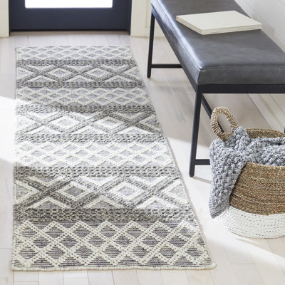 Vermont Hand Woven Wool/Cotton Geometric Rug in Ivory/Dark Gray