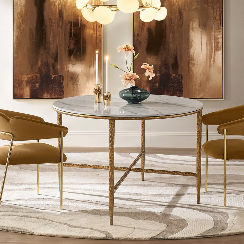 Rivet Modern Industrial Sintered Stone Dining Table with Forged Metal Base, Forged Brass