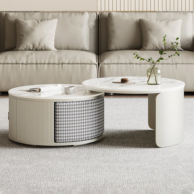 Round Nesting Coffee Table Set With 2 Storable Stools, Sintered Stone Coffee Table