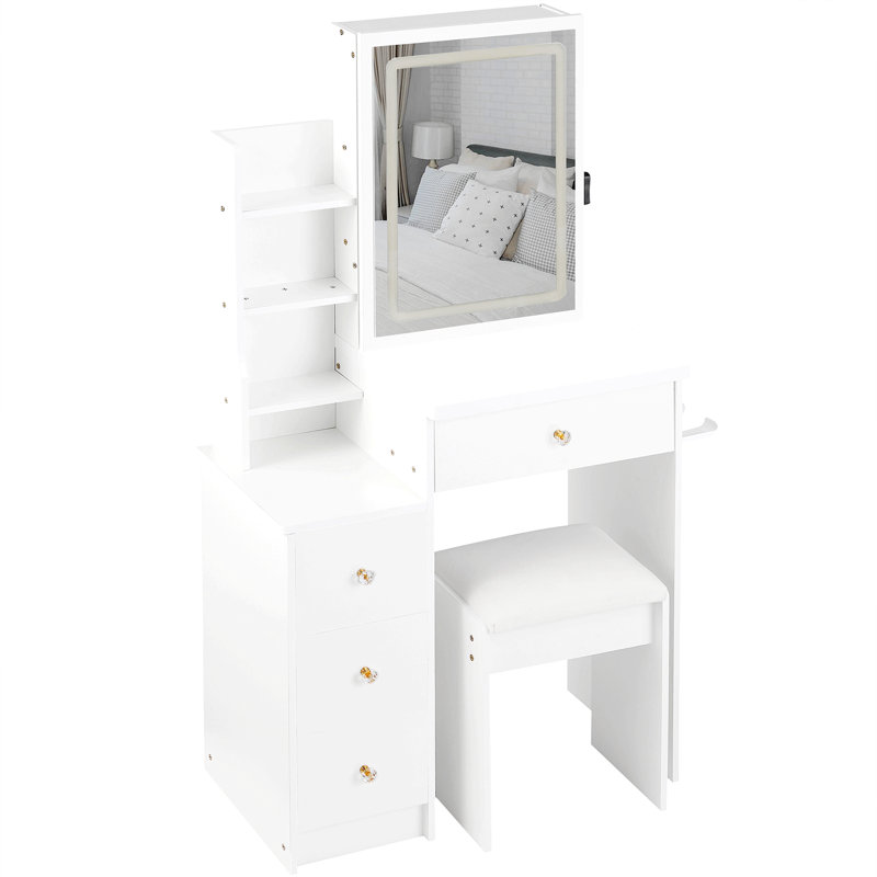 Small Size Left Drawer Desktop Vanity Table + Cushioned Stool, 2 AC+2 USB Power Station, Hair Dryer Bracket, Extra Large Touch Control Sliding LED Mirror, Tri-Color Switching, EPA,GCC,UL Certificate