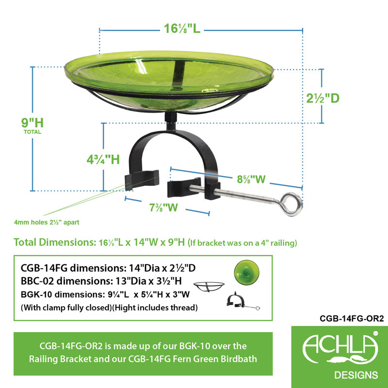 Fern Green Crackle Glass Birdbath with Wrought Iron Bracket
