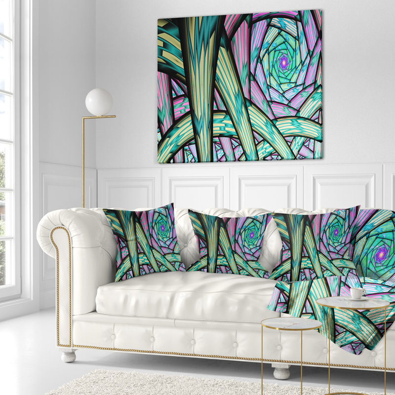 Fractal Endless Tunnel - Coussin imprimé abstrait, 16 po x 1 po, Coussin décoratif, Vert / Noir / Mauve