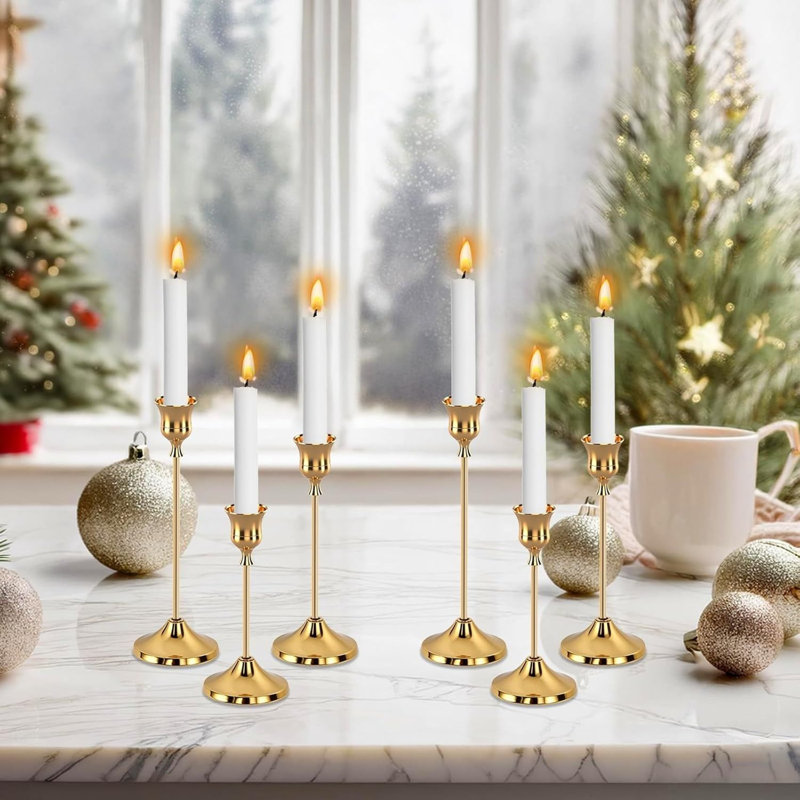 6-piece Gold Metal Taper Candle Holders Set, Elegant Candlestick Decor