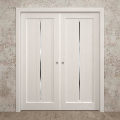 Portes coulissantes doubles à galandage de style français 56 x 84 pouces Ego 5014 Ensemble de rails et de quincaillerie en chêne blanc peint, bois massif, portes intérieures modernes pour chambre à coucher