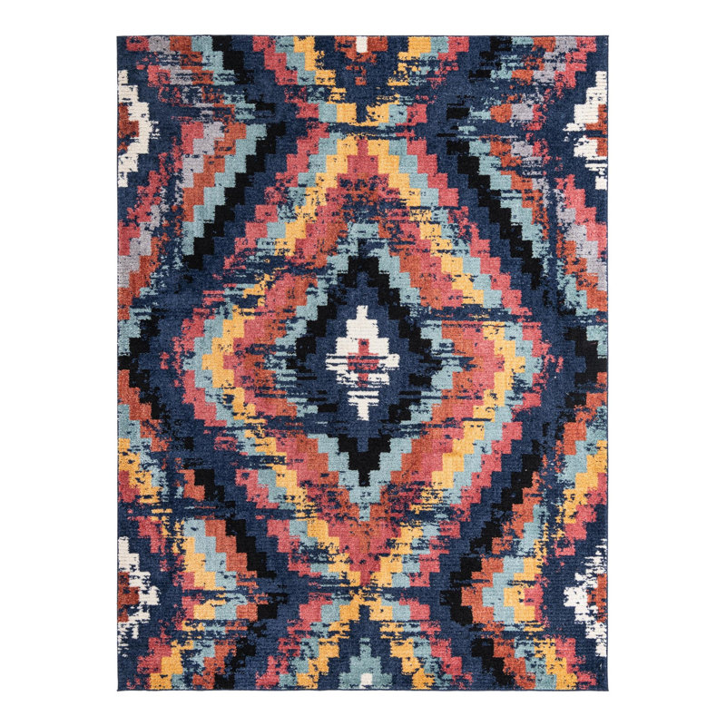 Tapis géométrique bleu / orange / jaune Finis, Rectangle 9 pi 10 po x 13 pi