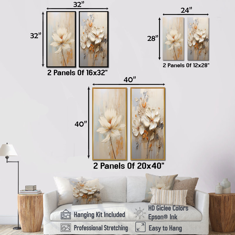 «Beige Simplicity In Petals - Flowers», ensemble de 2 reproductions d'art mural, H 28 po x l 25 po, Toile tendue