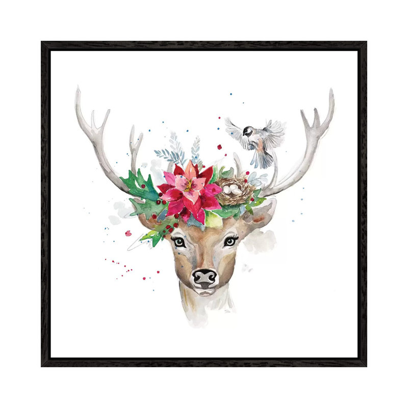 Woodland Deer With Bird by Patricia Pinto - Floater Frame Gallery-Wrapped Canvas Giclée on Canvas, Black