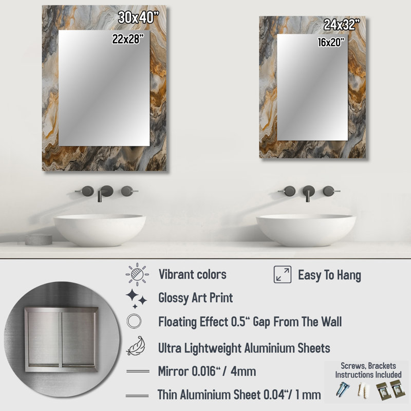 Or et gris A Marble Effect II - miroir en marbre, miroir mural décoratif moderne, impression d'art en métal, 32 po x 24 po