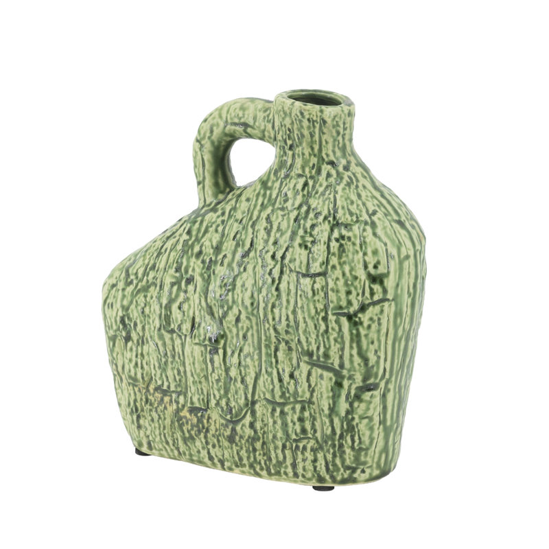 Vase en céramique vert 8,1 x 3,1 x 8,3 po avec poignée et texture organique