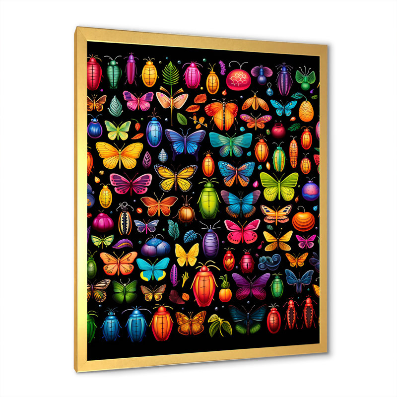 Collage coloré insectes et insectes II - art mural insectes et insectes, Cadre doré simple, H 40 po x l 30 po x P 1,5 po