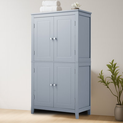 Grande armoire de rangement autoportante moderne avec 4 portes, tablettes réglables et rainures pour la salle de bain ou la cuisine