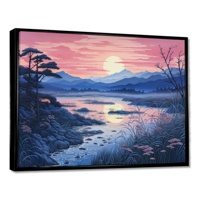 Rose, vue sur le lac japonais - rivière, art mural, salon